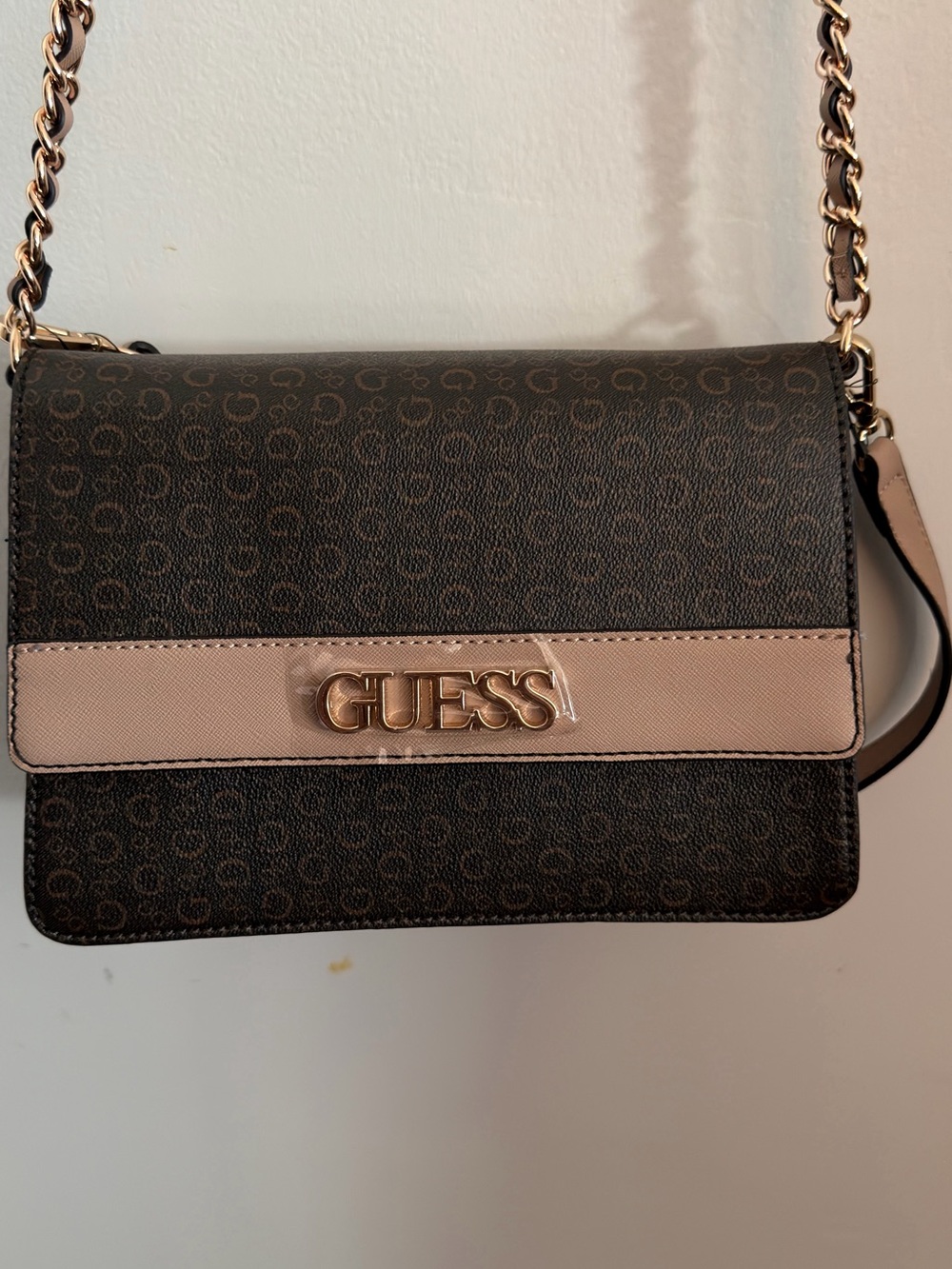 Guess Brown and Taupe Logo Crossbody with Gold Hardware